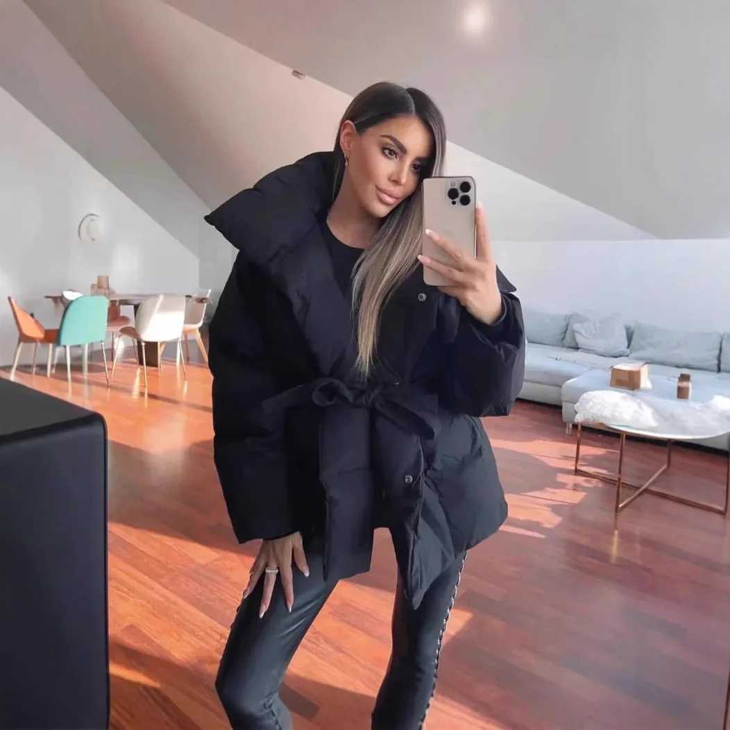 Zekye Womens Puffer Coat Large Lapel Collar Belted Waist Mid-Length Warm Winter Jacket Fashion Loose Padded OuterwearXJ251127