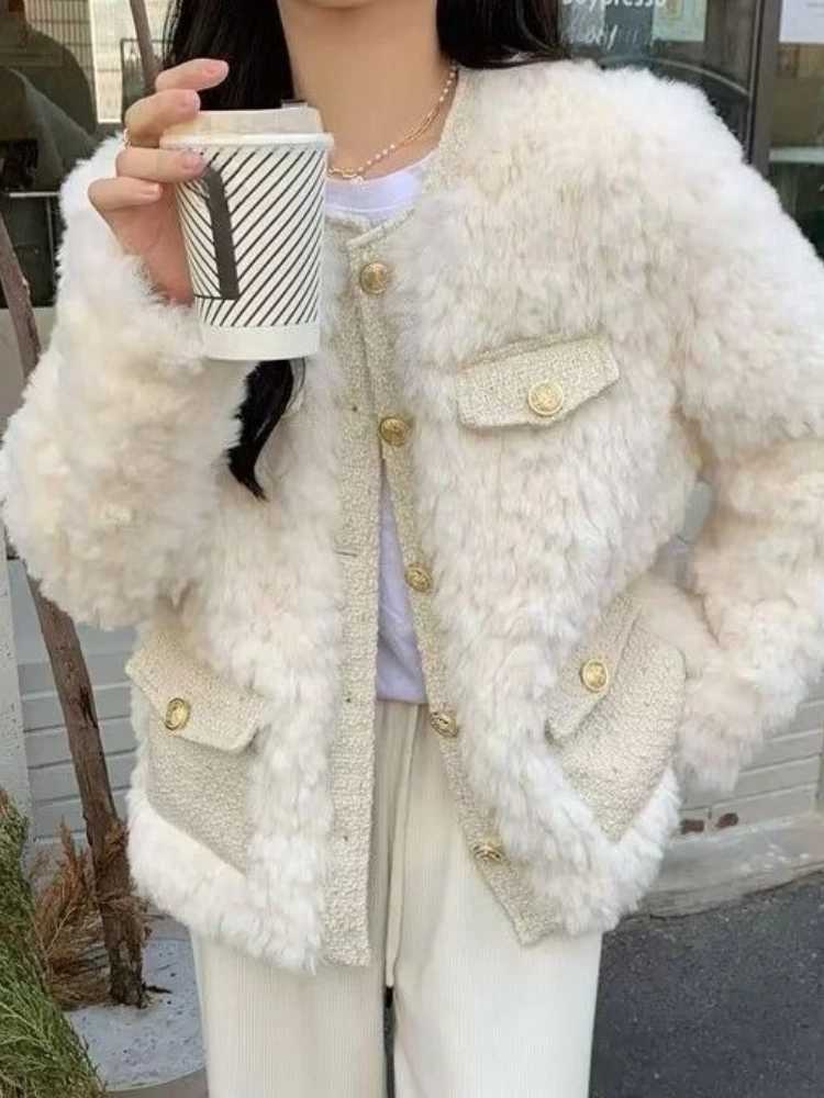 Thickened Fashionable Lamb Wool Jacket for Womens Autumn Winter New in Style Plush Casual Loose Round Neck Outerwear TopsXJ251127