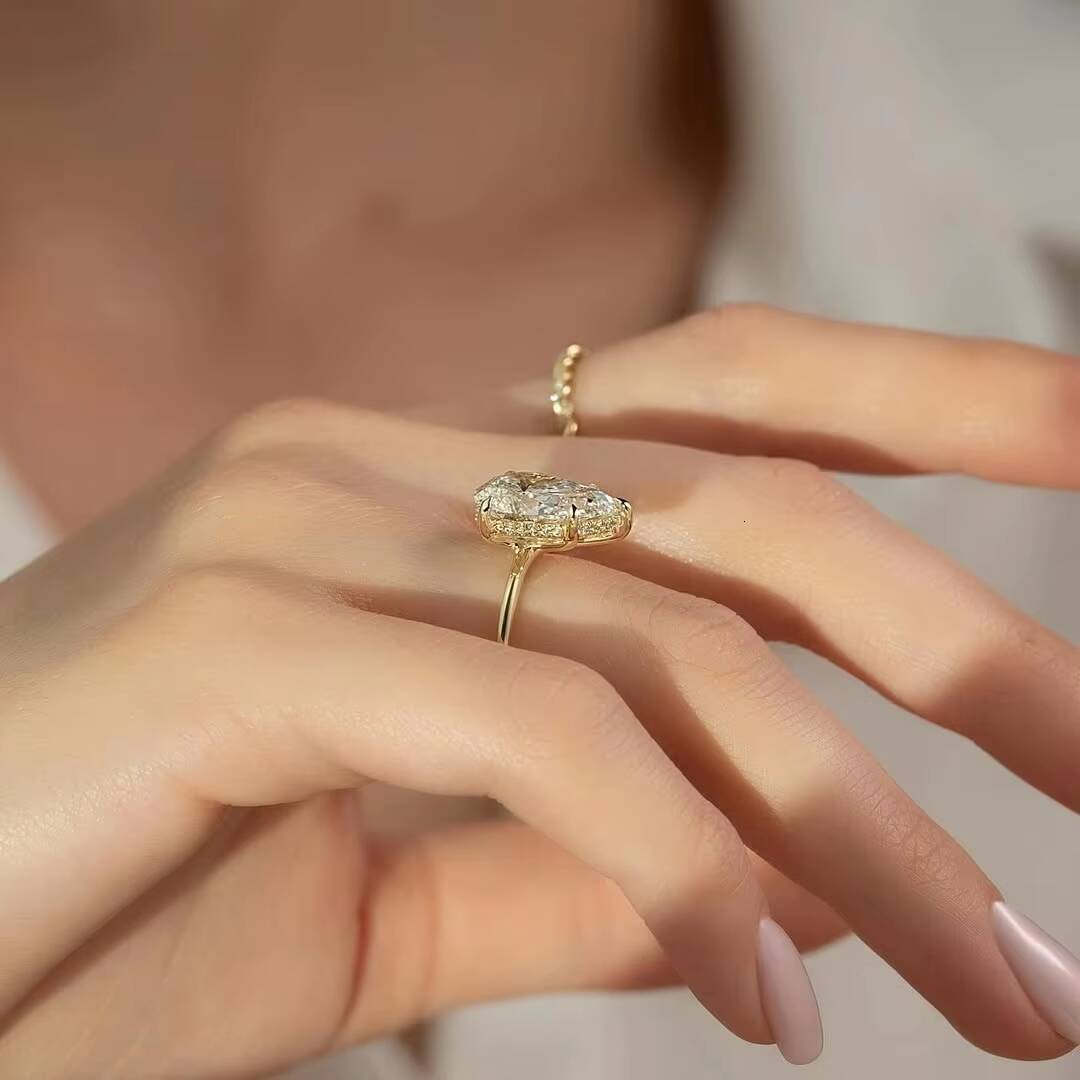Custom 14k 18k Yellow Rose Gold Moissanite Diamond Wedding Rings 7x11mm 3ct Pear with Classic Five Claws Fine Jewelry