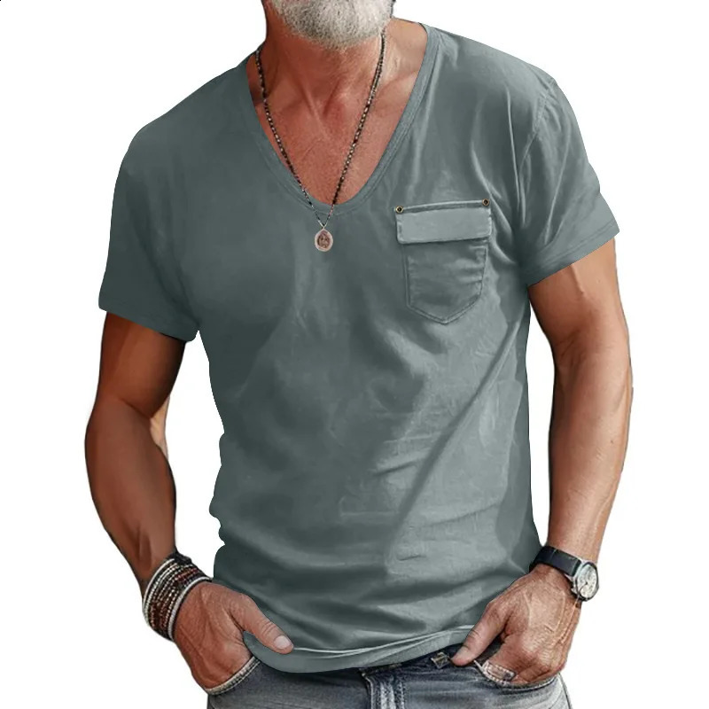 Summer Fashion Slim Fit U Neck Casual Versatile Solid Color Henry Shirt Short Sleeve Mens 250427