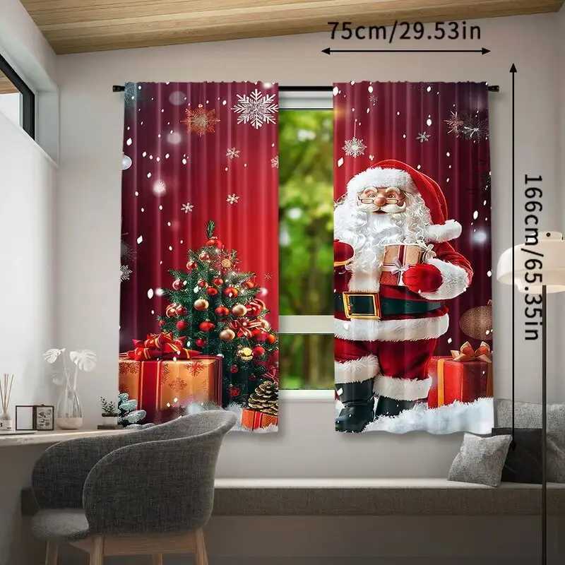 Curtain Christmas 2 pieces of Santa Claus and the Christmas tree printed curtains pole bag curtains home decoration room decoration Y251126