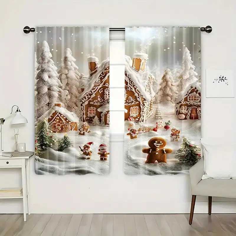 Curtain Christmas 2 pieces - Christmas curtains holiday snow scene and gingerbread man printed curtains home decorations room decorations Y251126
