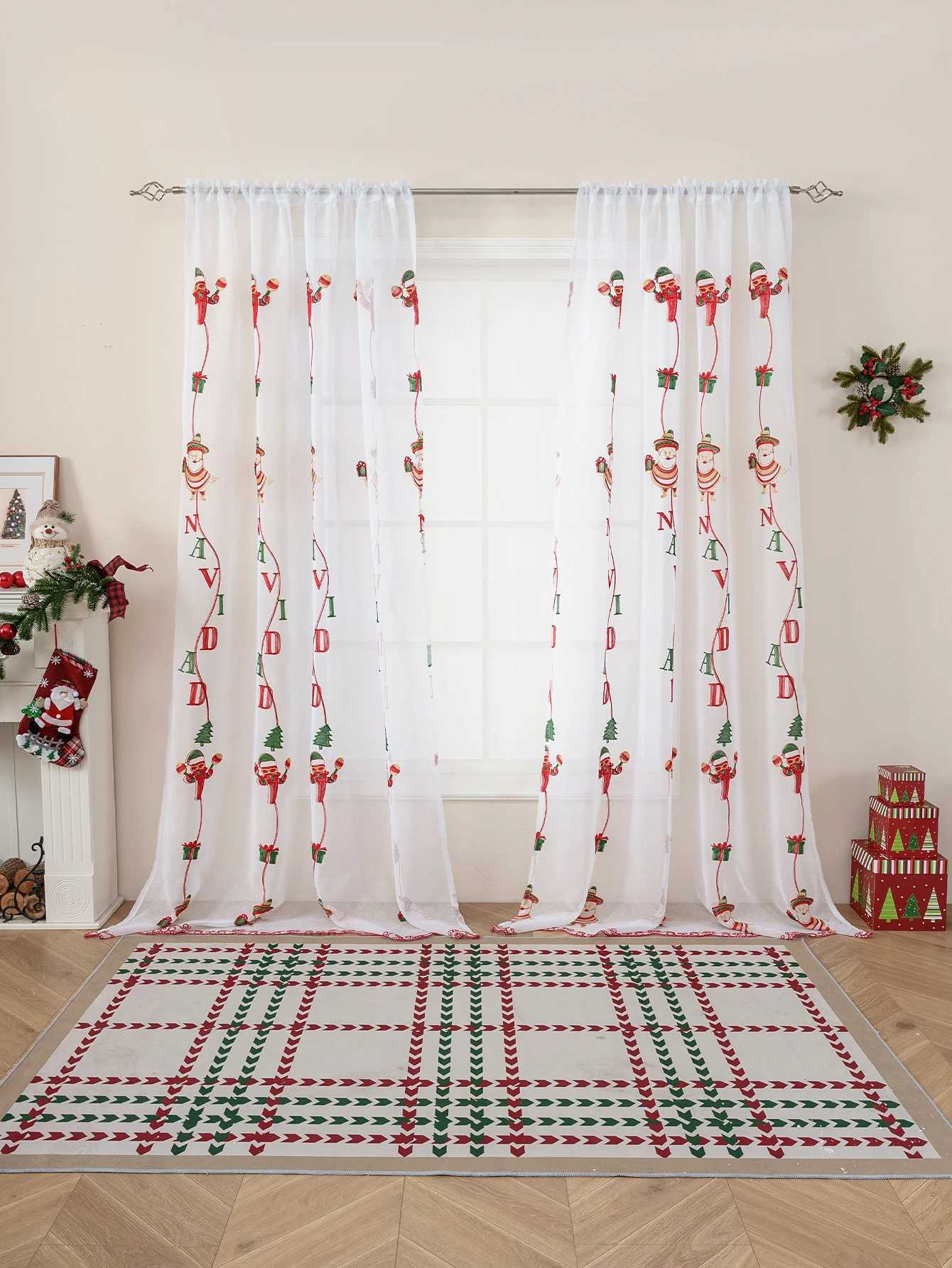 Curtain Christmas 1PC Cartoon Santa Claus Christmas Lace Embroidered Thin Curtain for Bedroom And Living Room Holiday Decorative Window Treatment Y251