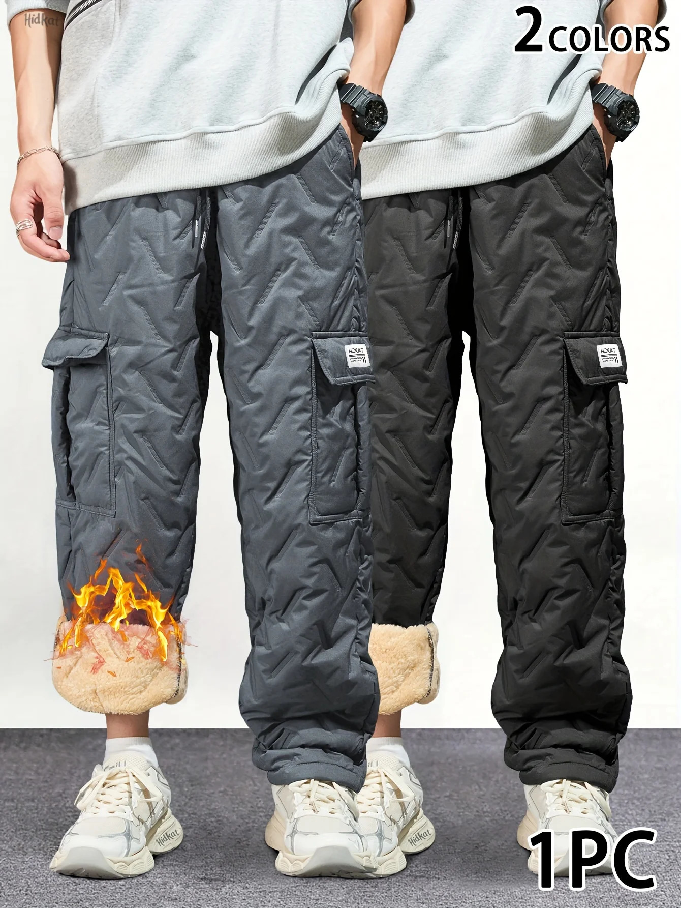 Mens Winter Outdoor Warm Cargo Pants Fleece-Lined with Diamond Pattern Stitching Insulated for Cold Weather Thickened 251126