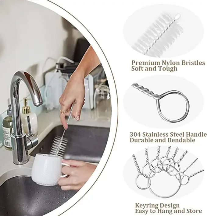 Straw cleaner drinking straw cleaning brush kit nylon stainless steel long handled 250425
