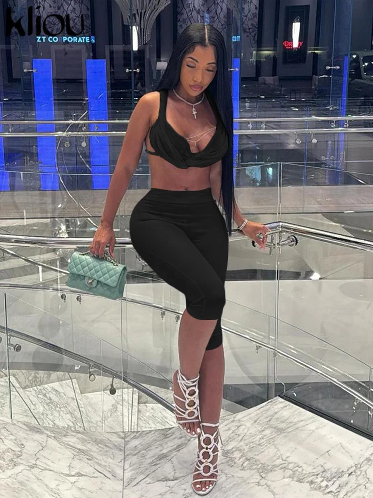 Kliou matching womens 2-piece comfortable suspender ruffled crop canultra-thin elastic shorts womens sexy classic club outfit 250422