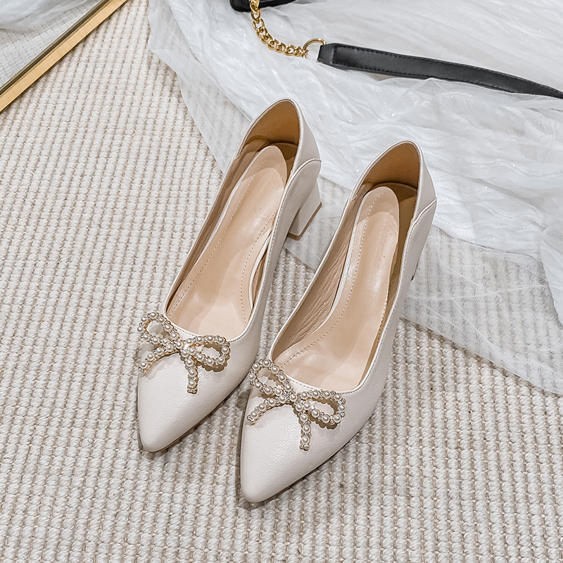 hot Bow Pointed Toe Pumps: New Ladies Bowtie Chunky Heels Women, Crystal Heeled Shoes for Office, Wedding & Bridesmaid