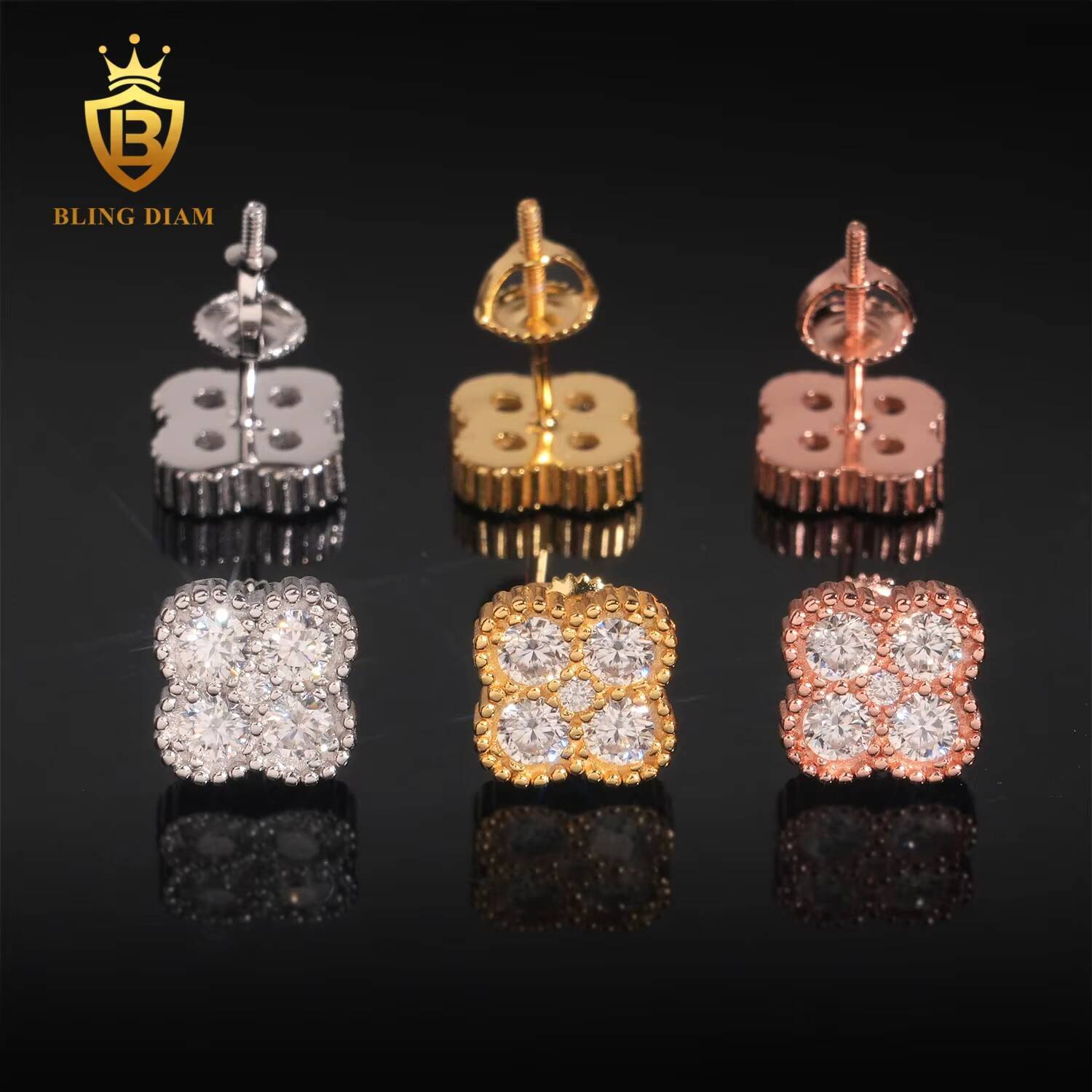 Wholesale Jewelry 925 Sterling Silver Vvs1 Moissanite 4 Four Leaf Clover Stud Earrings Rose Gold Plated Gra Certificate