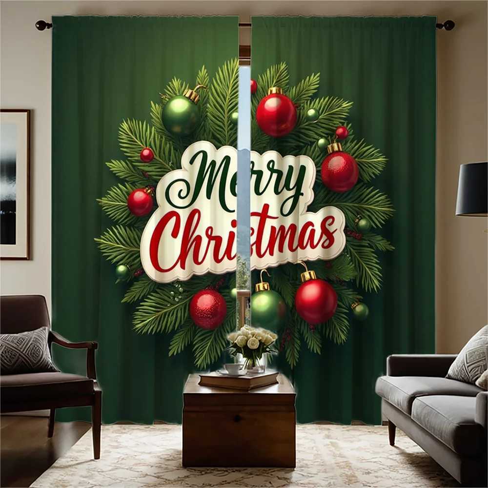 Curtain Christmas 2pcs Festive Christmas Curtains - Green with Red White Ornaments Merry Christmas Text Semi-Transparent Polyester Rod Pock Y251126