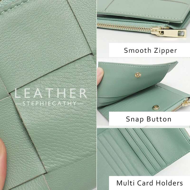 Fashionable Sheepskin Woven Small Wallet Women Brand Design Bifold Zip Closure Real Leather Coin Purses Card Holders Money Bag Designer Wallet