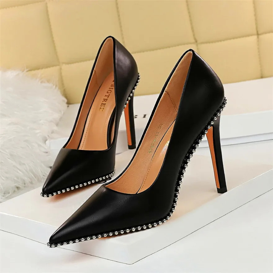 BIGTREE Sexy Rivets String Bead Womens Shoes Party Soft Leather Pointed Toe High Heels Pumps Spring Shallow Office Shoes Women 251125