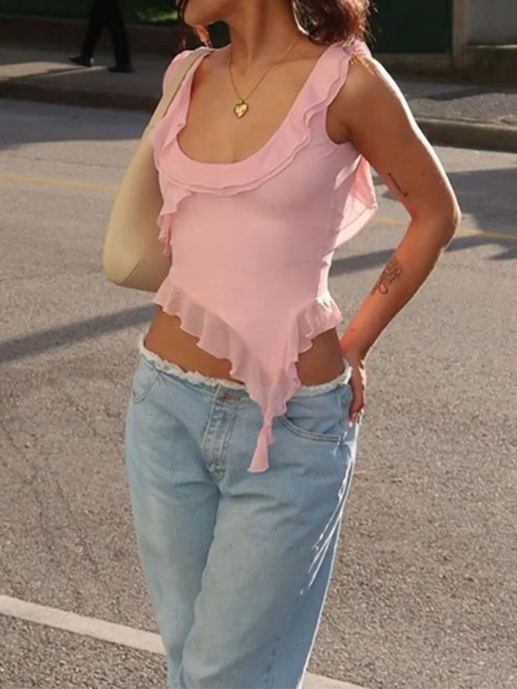 Fashionable O-neck sleeveless vest sexy pleated edge no back irregular crop top summer casual streetwear womens vest 250422