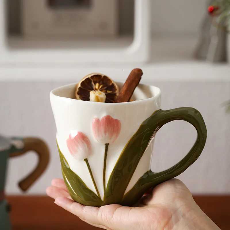 Hand-painted Tulip MUg High Quality Ceramic Cute Water Cup Girl Household Breakfast Milk Cups Kitchen Drinkware C251127