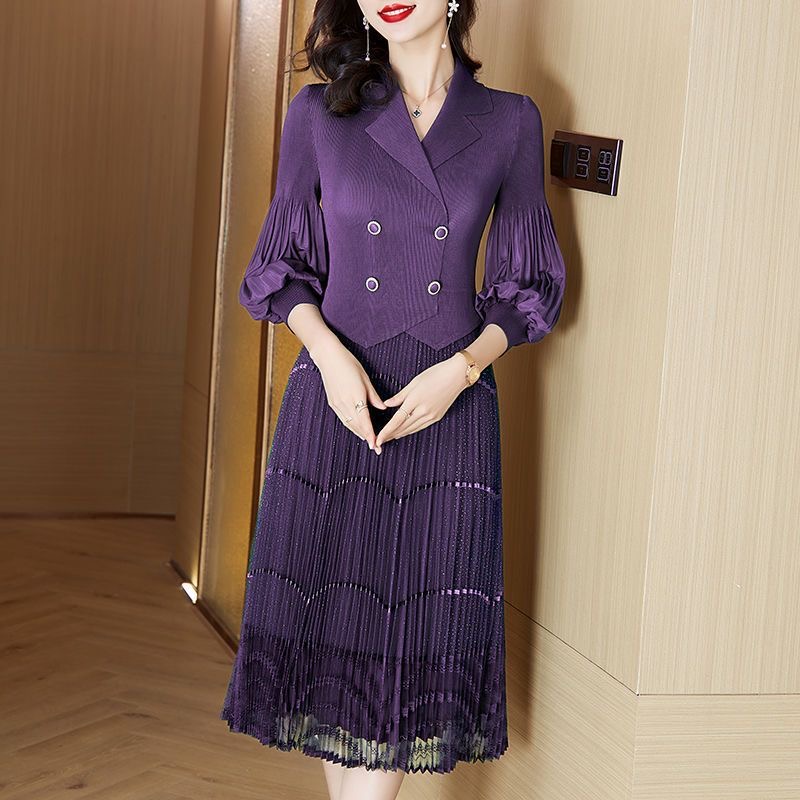 Large size women's pleated dress 2025 spring new mesh lace dress D02304