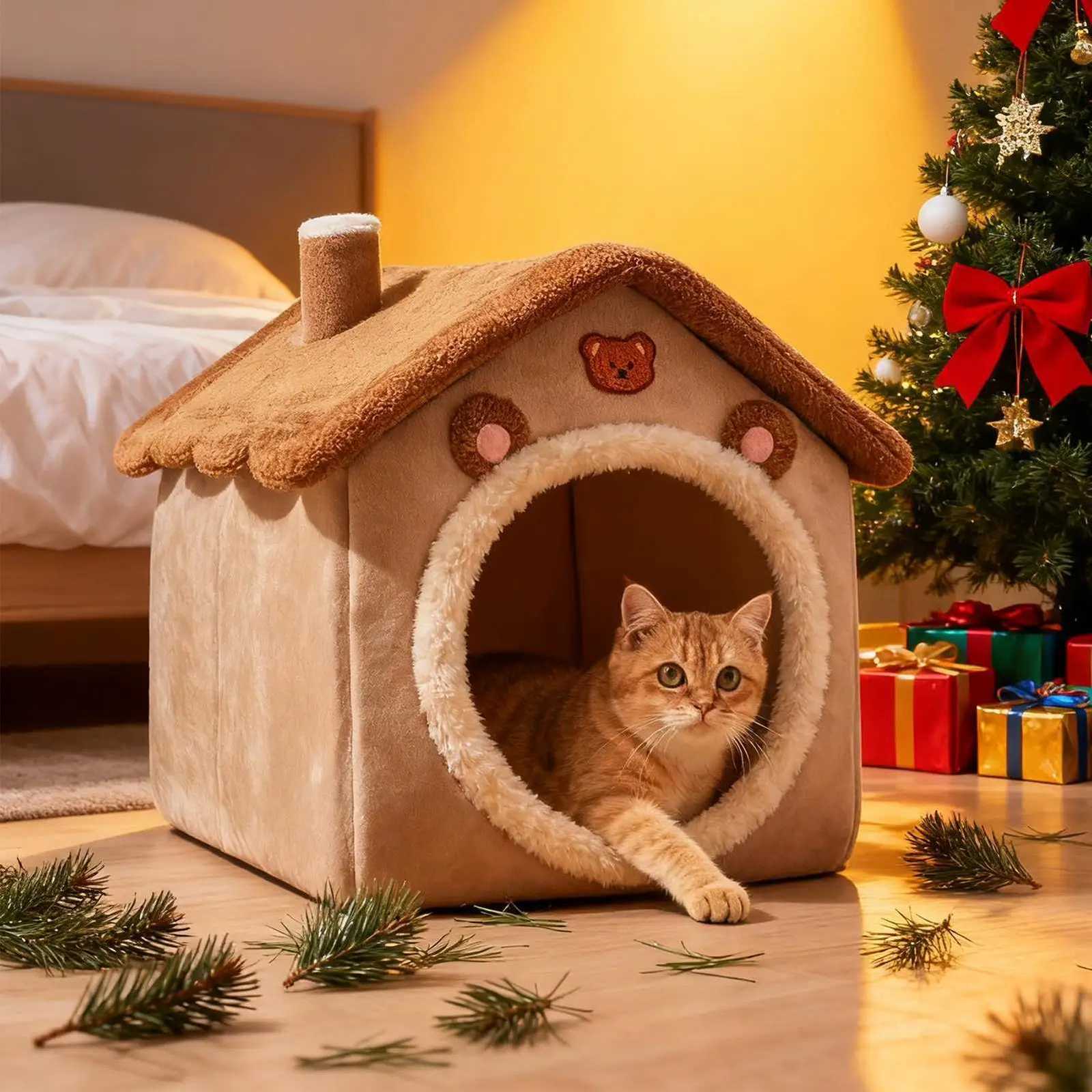 Cat House Cute Plush Winter Warm Pet House detachable Washable Enclosed Winter Rest Shelter For Small Animals Dog Bunny Cats BedM251127 - view 4
