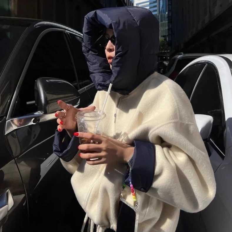 Solid Wool Coat Women Casual Hooded Y2k Loose Zipper Blends Cardigan Full Sleeved Thick Warm Outwear Jackets Autumn WinterXJ251127