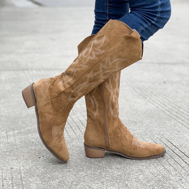 Embroidered Western Cowboy Boots for Women Spring Pointed Toe Thick Heel High Knee Boots Woman Loose PU Leather Long Botas Mujer 36-43