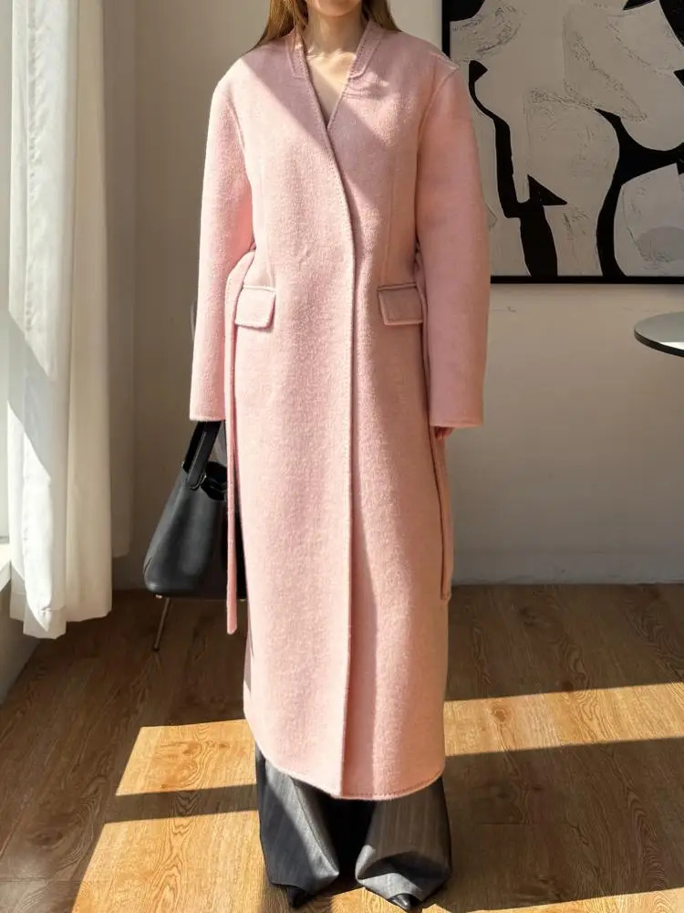 Office Lady Pink LaceUp Cashmere Woolen Jackets Autumn And Winter VNeck Adjustable Loose Womens Long Wool Coats 251126 - view 4