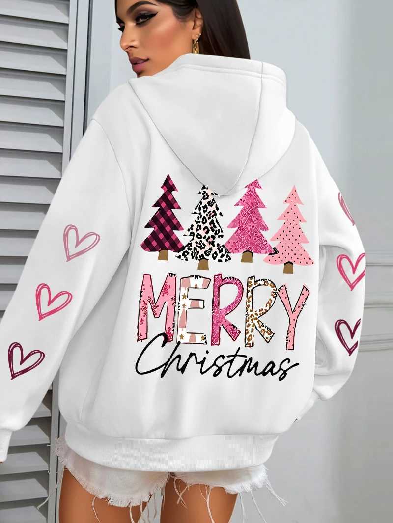 Merry Christmas Pink Tree Women Hoody All-Match Autumn Hoodies Casual Loose Pullover Harajuku PoCKet Streetwear J251136
