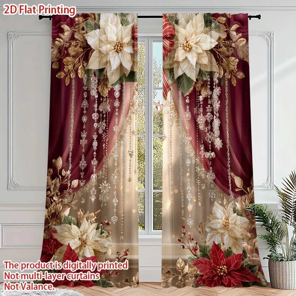 Curtain Christmas 2pcs Elegant Christmas Print Curtains Poinsettia Gold Floral Design for Bedroom Living Room Kitchen Office Y251126