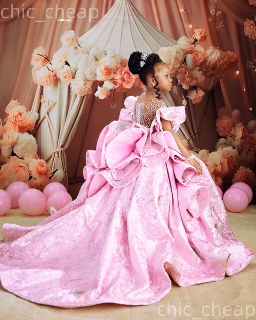 2026 Pink Ball Gown Flower Girl Dresses Sheer Neck Beaded Satin Flowers Little Girl Christmas Peageant Birthday Christening Tutu Dress Gowns ZJ422