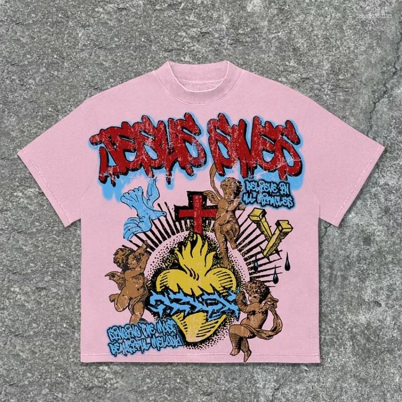 Graphic Tee Vintage Jesus Saves Angel Graphic Print Cotton T-Shirt Men Summer Short Sleeves Casual Oversize Tshirt Streetwear Women