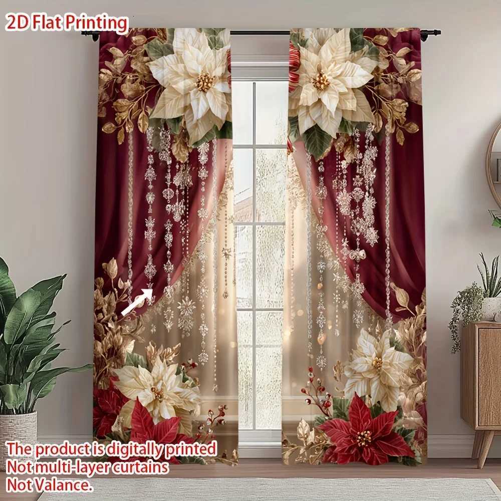 Curtain Christmas 2pcs Elegant Christmas Print Curtains Poinsettia Gold Floral Design for Bedroom Living Room Kitchen Office Y251126