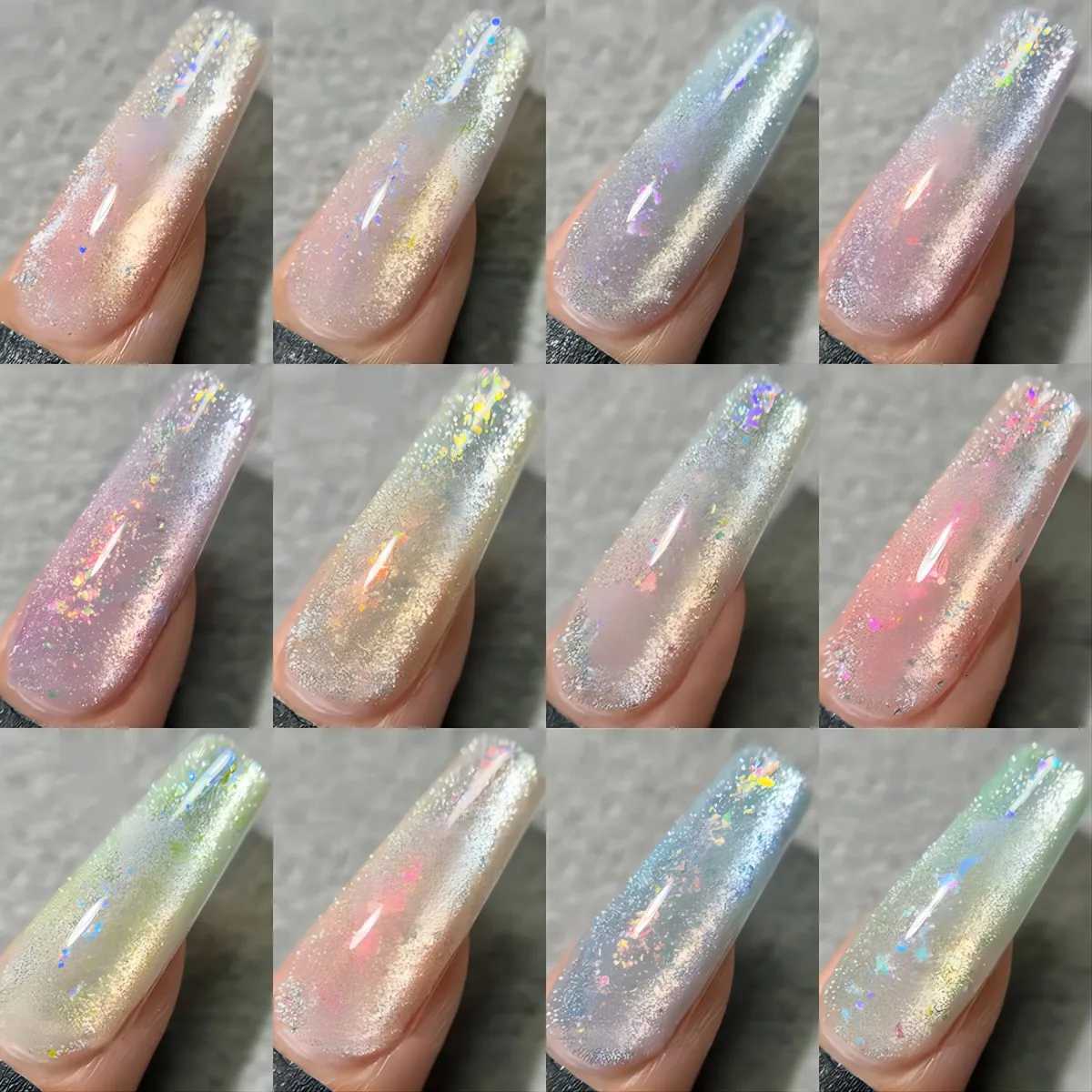 12pcs Summer Crushed Ice Glamorous Cat Eye Gel Nail Polish - Reflective Glitter Holographic Laser Sparkle Soak Off UV LEDT251127