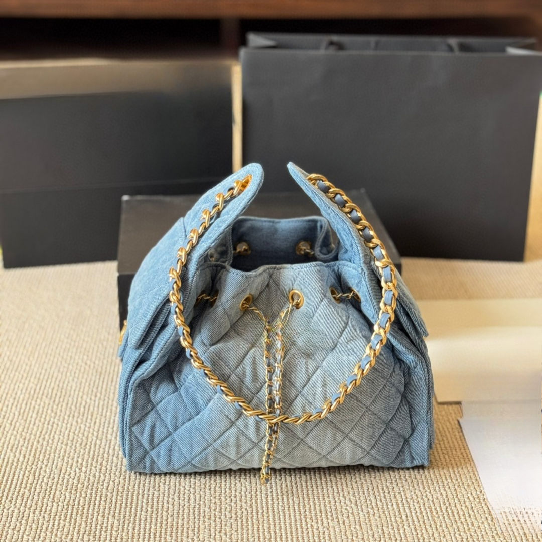 Women Denim Shoulder Bag Gold Chain Belt 25S Soft Hobo Fashion Plaid String Bucket Totes With Two Sides Pockets Luxury Designer Cowboy Underarm Bag Clutch 3174
