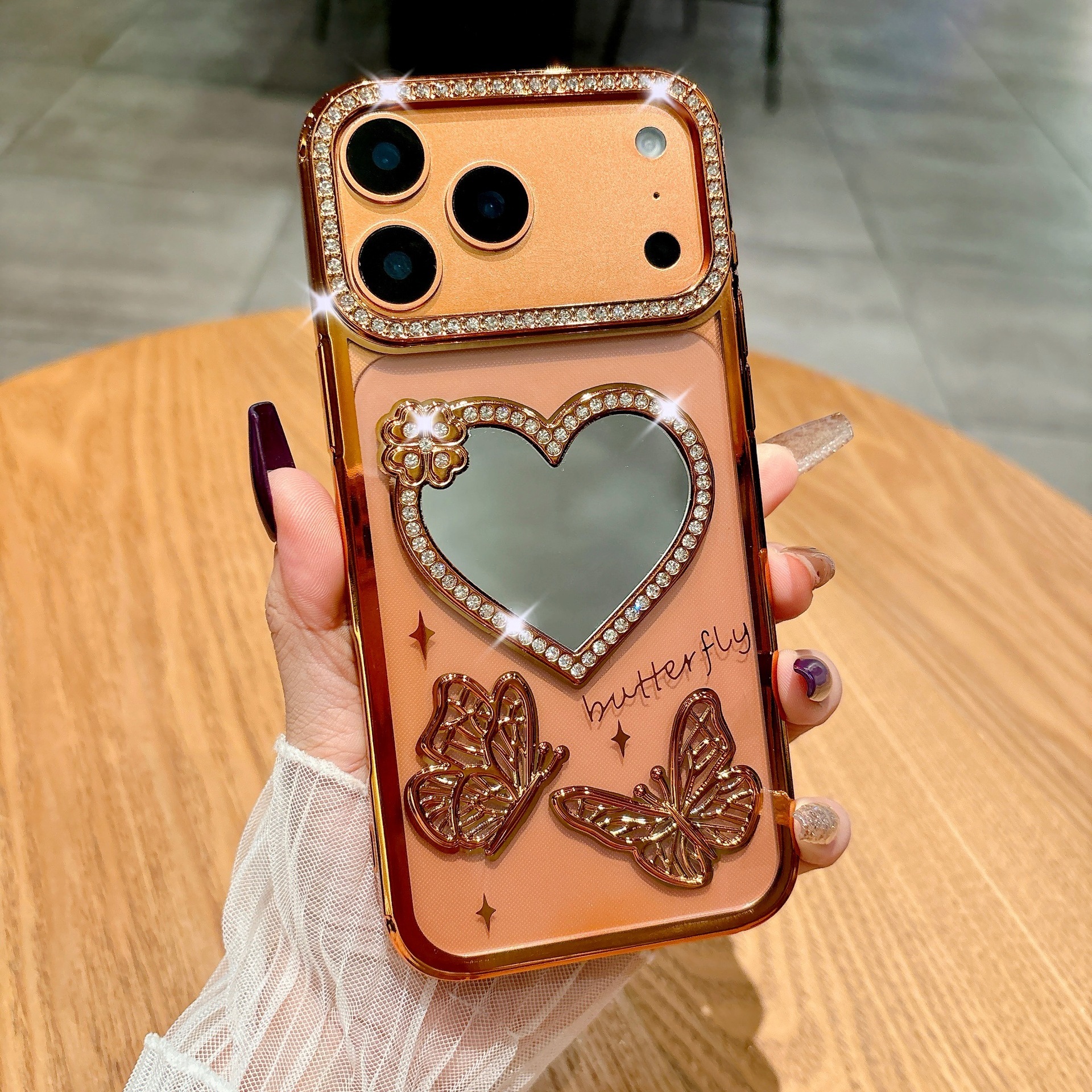 Electroplated Rhinestone Heart Mirror Butterfly Phone Case iPhone 17 Pro Max Compatible with Apple 16/15 Pro Soft Case