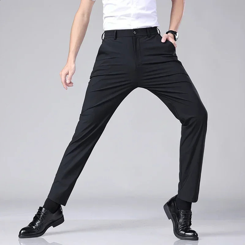 Summer Mens Ultra Thin Casual Pants with High Elasticity Quick Drying Ice Silk Soft Solid Color Business Straight Pants 250427