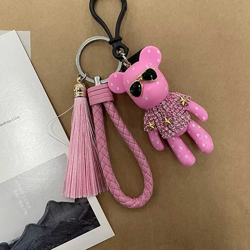 Leather Weave Rope Bomgom Popobe Gloomy Rhinestone Keychain Tassel Glasses Bear Key Chain Ring Holder Bag Charm Black PendantT251127