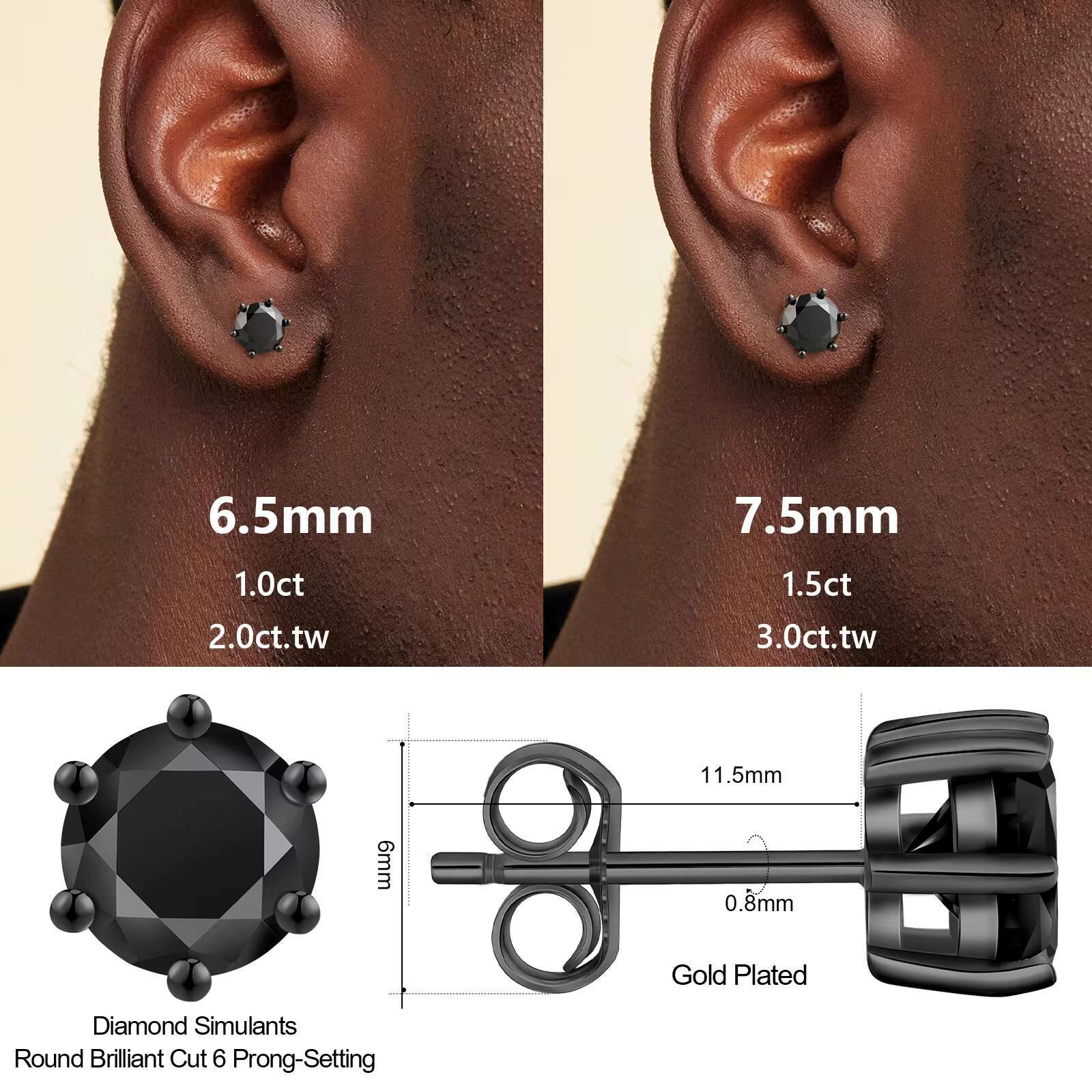 Classic Black Moissanite 925 Sterling Silver Gold Plated Women Men GRA Jewelry 1.0ct 2.0ct Round Cut VVS Diamond Stud Earrings