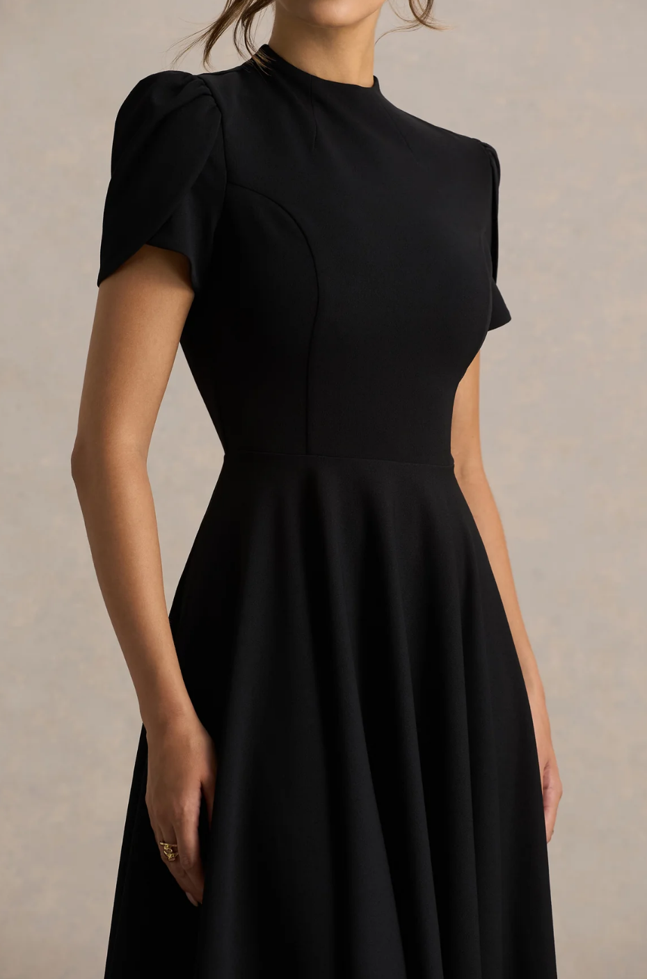Black Midi Dress: Premium Crepe Fabric, High Neckline & Short Tulip Sleeves, Elegant Flared Skirt for Formal Casual Occasions Fashion-L10