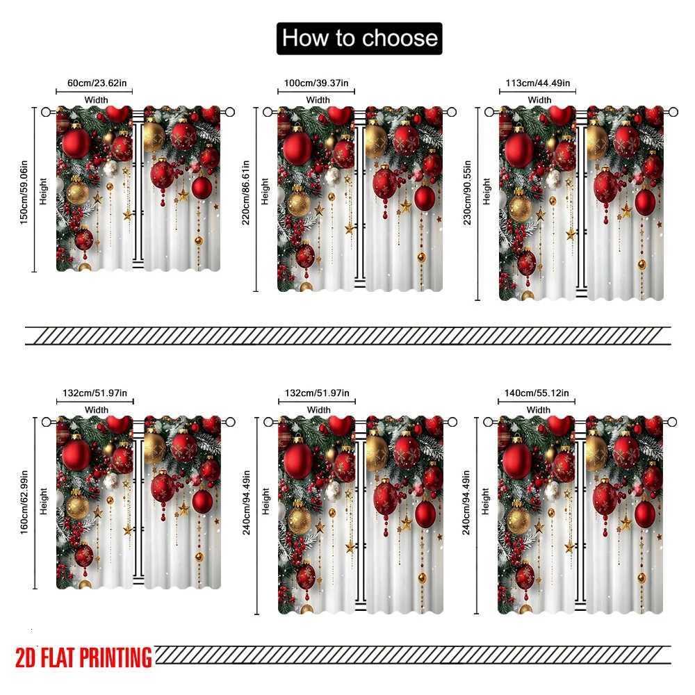 Curtain Christmas 2pcs 2D flat printing Fashionable Christmas Curtains Red and Gold Ball Pine Branch Snowflake Digital Printed Polyester Drapes Y25112