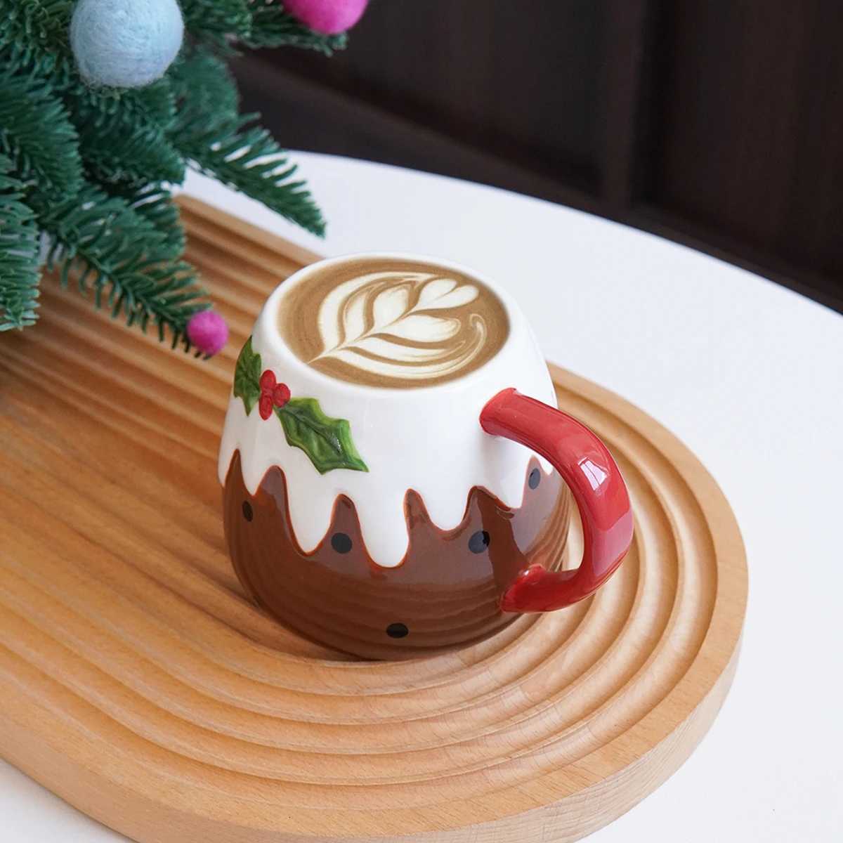 1Pc Christmas Pudding Ceramic Mug Creatively Designed Cake Coffee Cup with Sauce Exquisite and Beautiful Suitable for Christmas C251127
