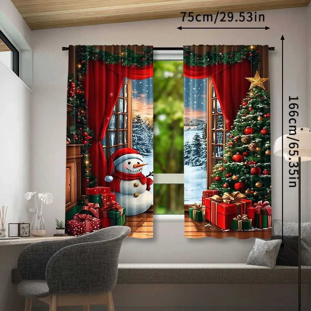 Curtain Christmas 2pcs The scene of Santa Claus and the snowman simple wood printed curtains - home decor room decor Y251126