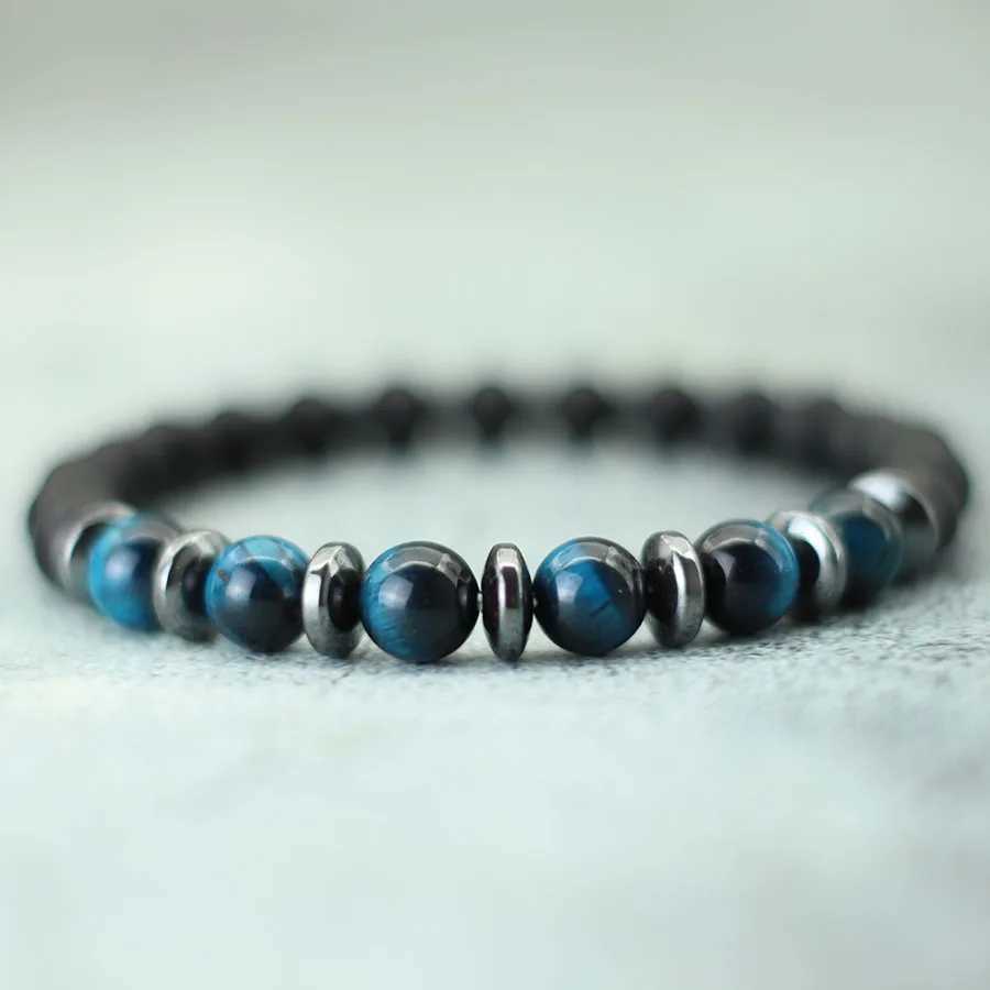 Fashion Beaded For Men Black Frosted Stone Chakra Braslet Blue Howlite Tiger Eyes Strand Braclet Pulsera Hombre Joias C251105