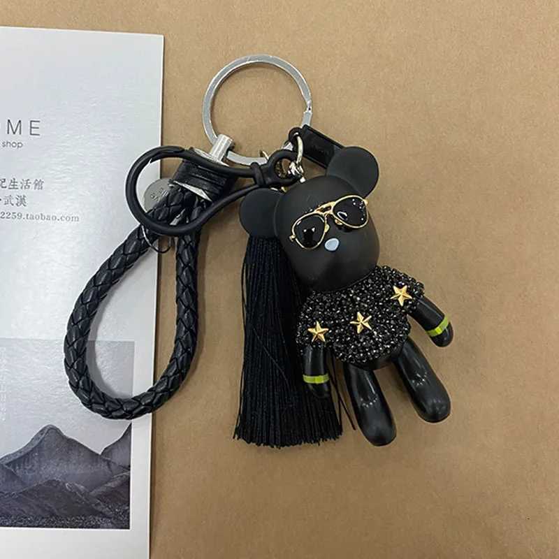Leather Weave Rope Bomgom Popobe Gloomy Rhinestone Keychain Tassel Glasses Bear Key Chain Ring Holder Bag Charm Black PendantT251127