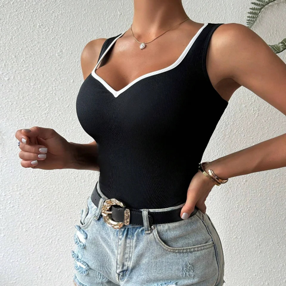 Sexy sleeveless ribbon vest fashionable womens tight fitting T-shirt V-neck summer girl nightclub bar 250422