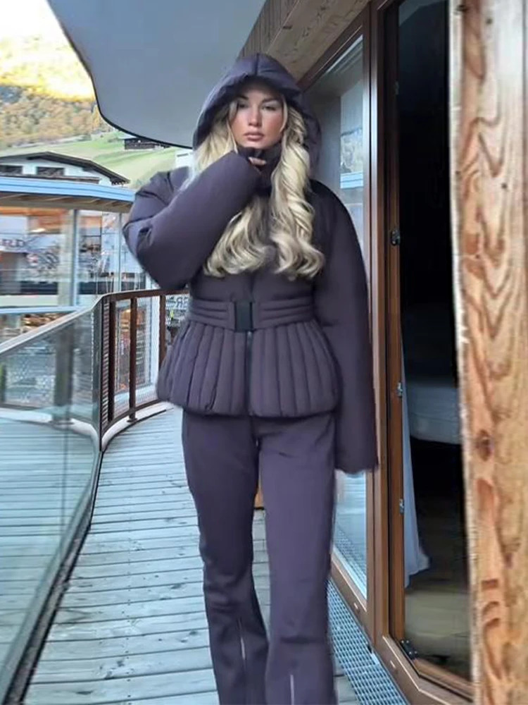 Women Hooded Tie-Waist Ski Suit Pink Flared Leg Fur Trim Water-Resistant Fabric 2025 Winter Outerwear Fashion Sweet Snow Suit 251126