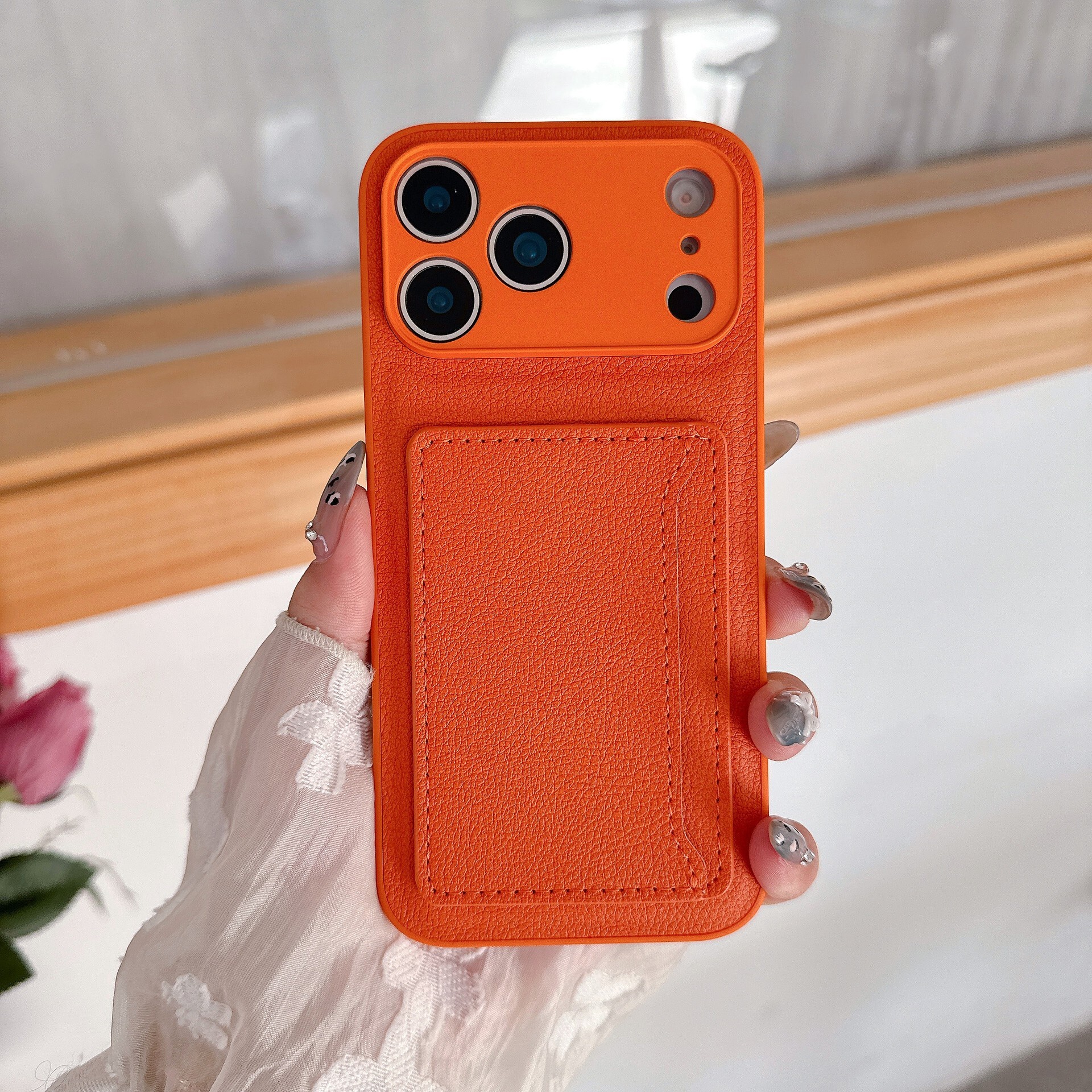 Orange Plain Leather Card Holder iPhone 17 Pro Max Phone Case Compatible with Apple 16 Pro Simple 15 Solid Color Business