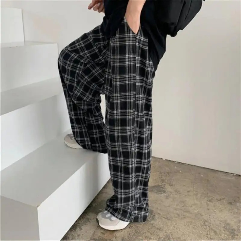 Ultra thin womens sports summer fashion black checkered pants elastic waist casual pocket student unisex Trouser Z260314
