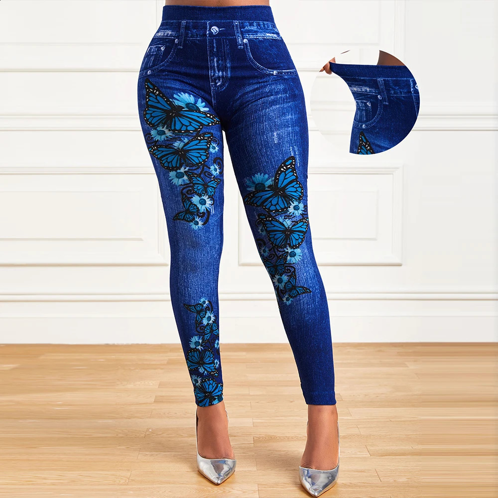 Plus size ultra-fine womens high waist elastic long leg denim appearance tight jeans womens fashionable printed pencil pants clothing250425