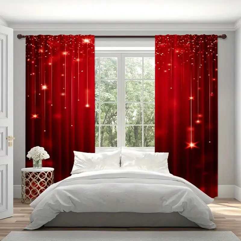 Curtain Christmas 2pcs - Christmas Curtains Christmas Golden Star red polyester printed curtains home decoration room decoration Y251126
