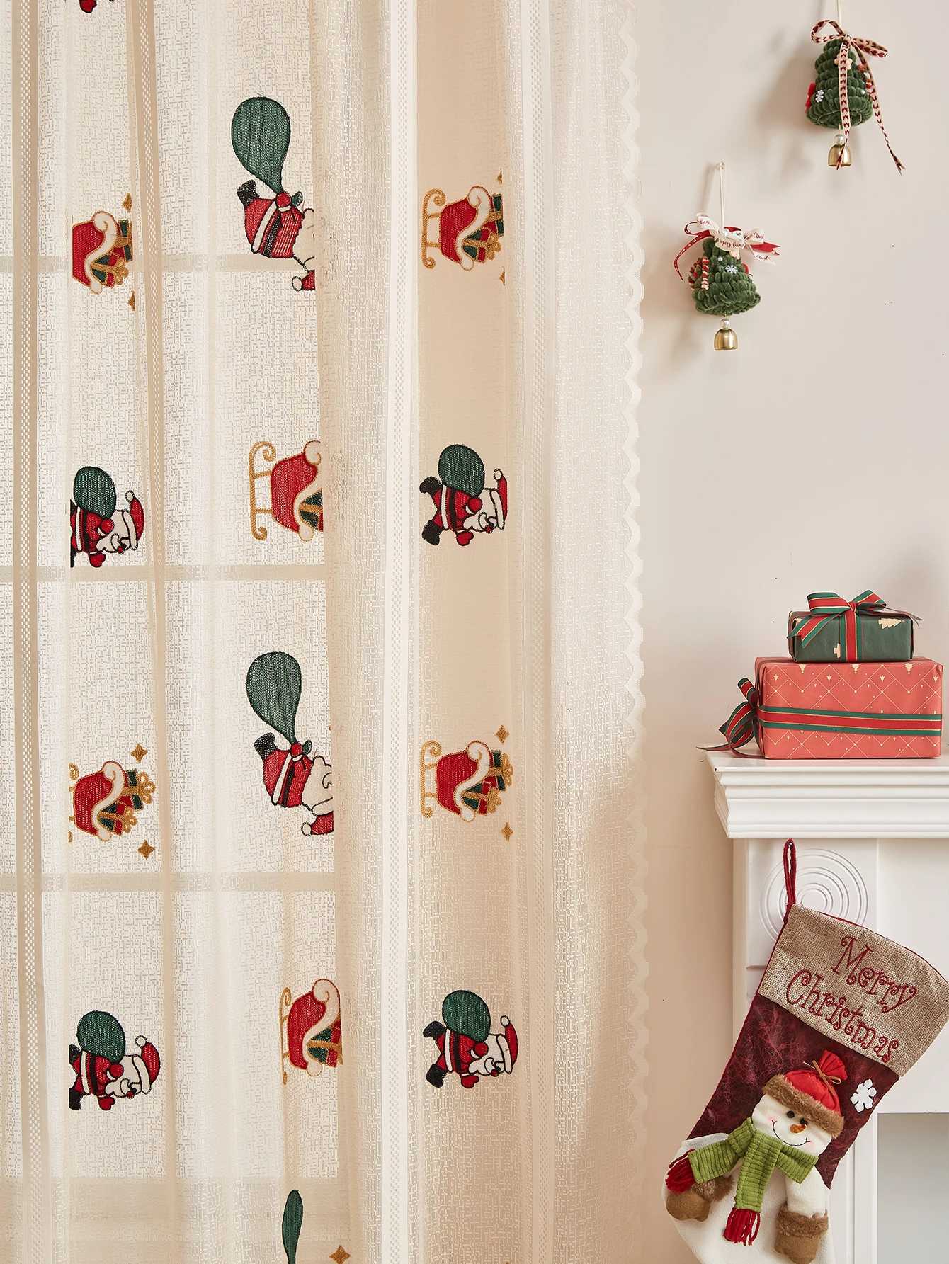 Curtain Christmas Khaki embroidered Santa Claus pole curtains party and holiday atmosphere curtains Y251126