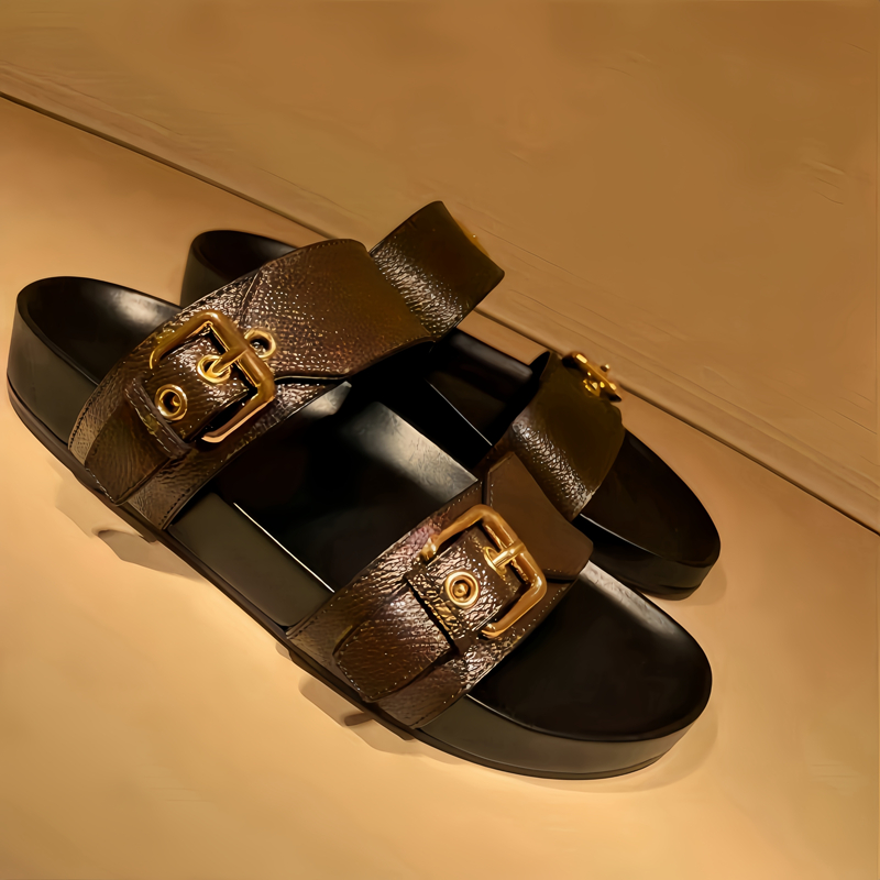 Designer Slippers genuine leather Sandals Summer Velcro Roman Sandals women man Unisex Black Scuff leather platform sandal Flats Fashion 35-45 Slippers