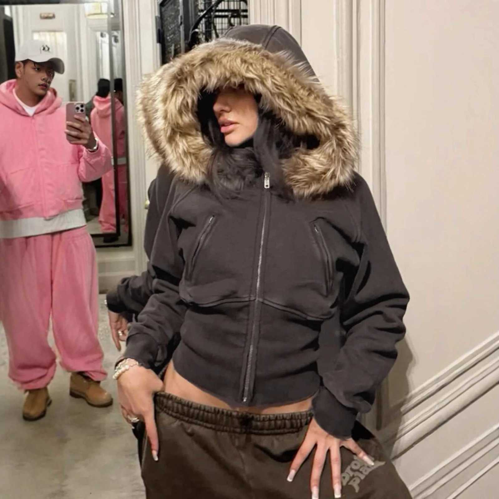 Autumn Winter Vintage Brown Short Hooded Jacket Womens Full Sleeve Slim Detachable Fur Collar Warm 2025 NEW Female Y2k OutwearsXJ251127