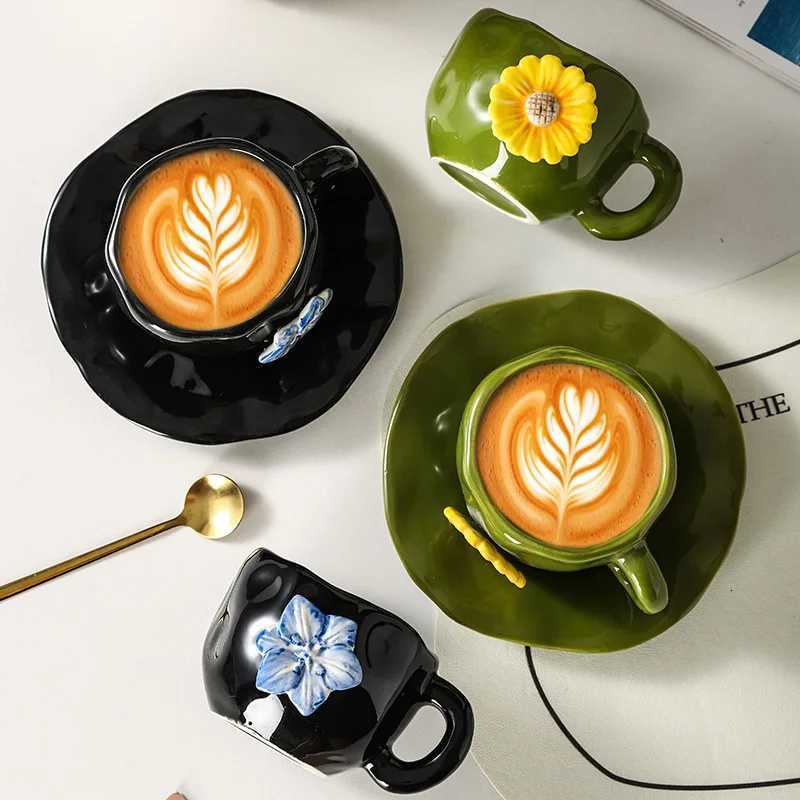 Creative Hand-held Embossed Flower Coffee Cup Home Ceramic Cup and Saucer Set Living Room Coffee Table Decoration Accessories C251127