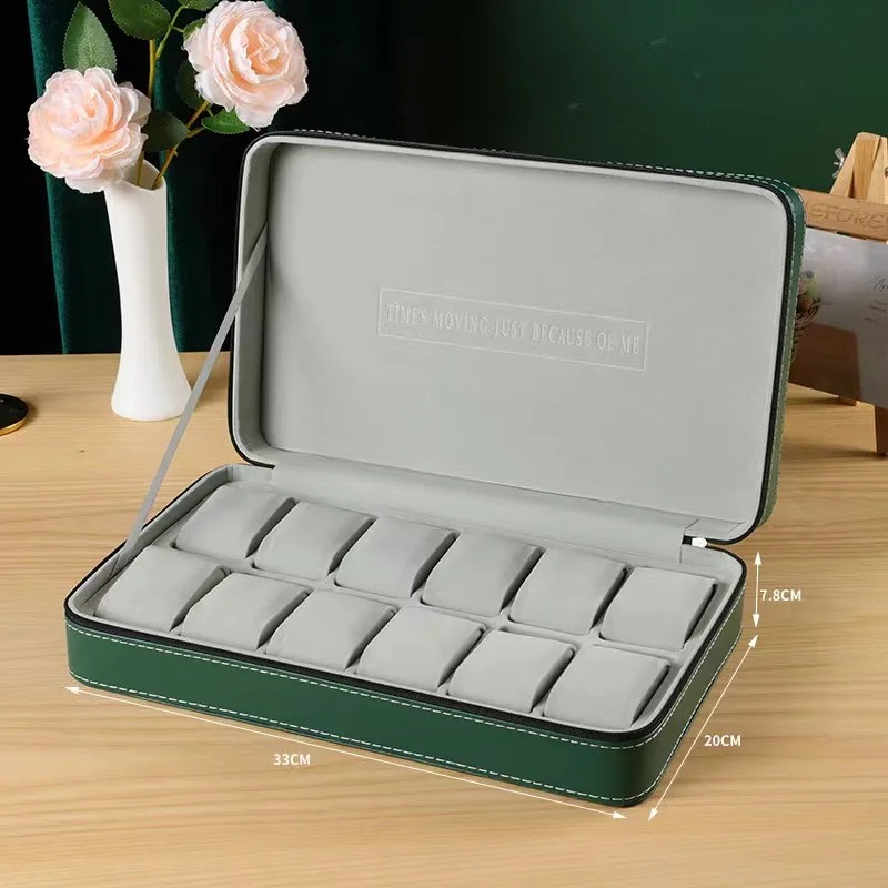 Jewelry Pouches 6/10/12 Slot Green Inside Gray Watch Pillow Storage Bag Zipper Box Portable Home Travel Organizer